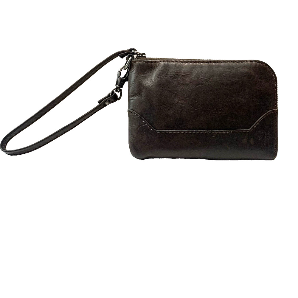 Vintage Frye Wristlet Wallet Deep Walnut Leather Top Zip Credit Card Slots Lined